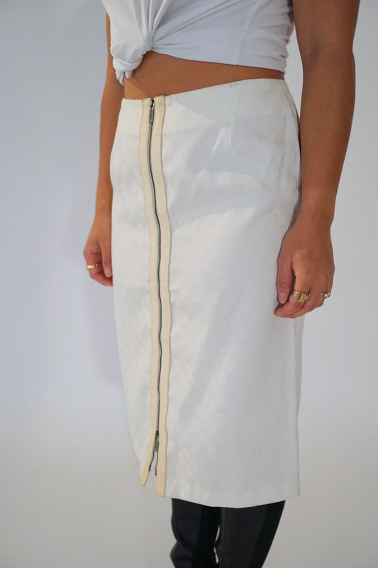Gucci Monogram White Leather Trim Zip Skirt