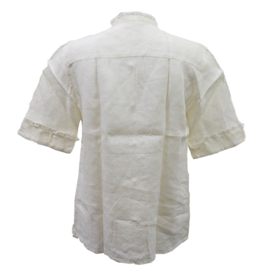 Celine Linen Lace Panel Frill Neck SS Button Down Blouse