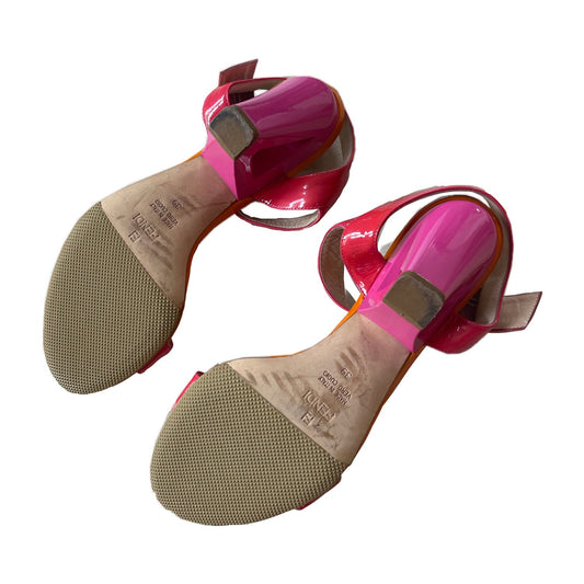 Fendi Enamel Patent Leather Triangle Block Logo Heel Sandals