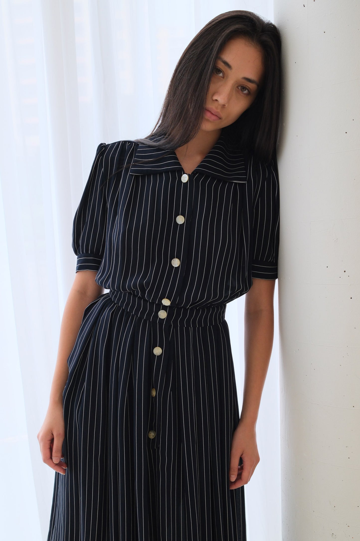 Nina Ricci Stripe SS Button Down pleated Dress