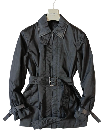 Prada nylon leather collar buckle sleeve and belt coat