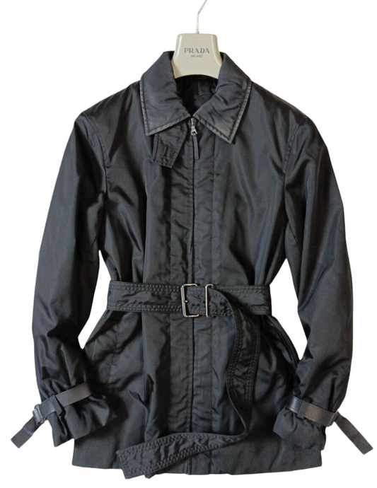Prada nylon leather collar buckle sleeve and belt coat
