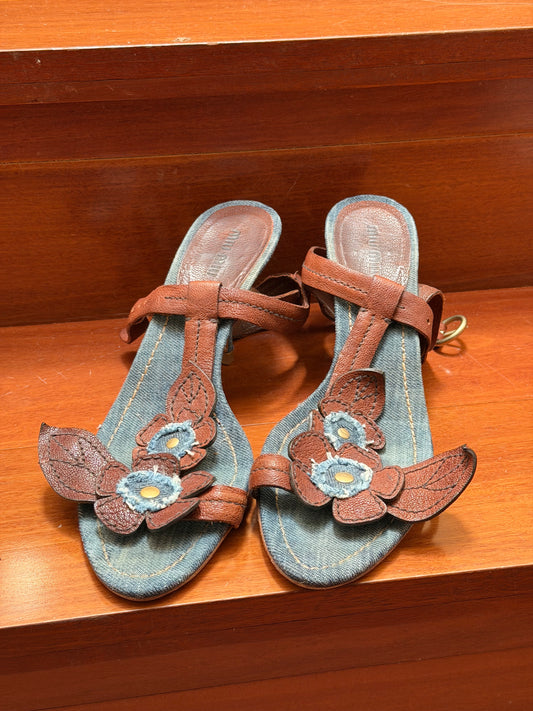 Miu Miu Floral Denim Leather Sandals Sz 41