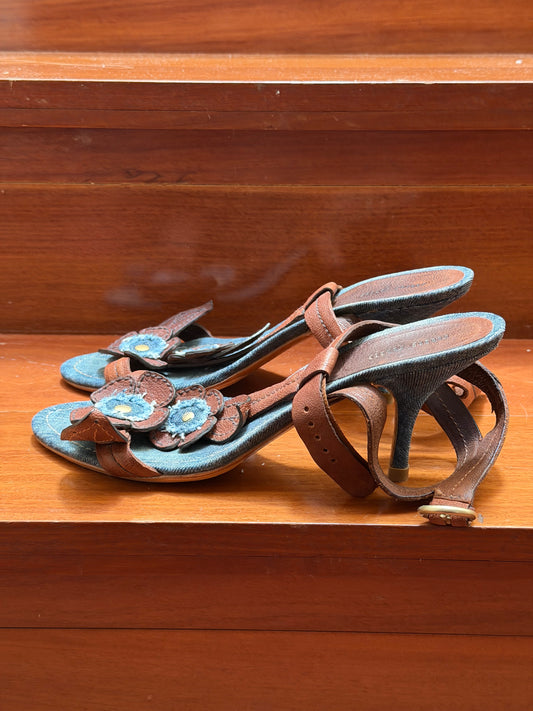 Miu Miu Floral Denim Leather Sandals Sz 41