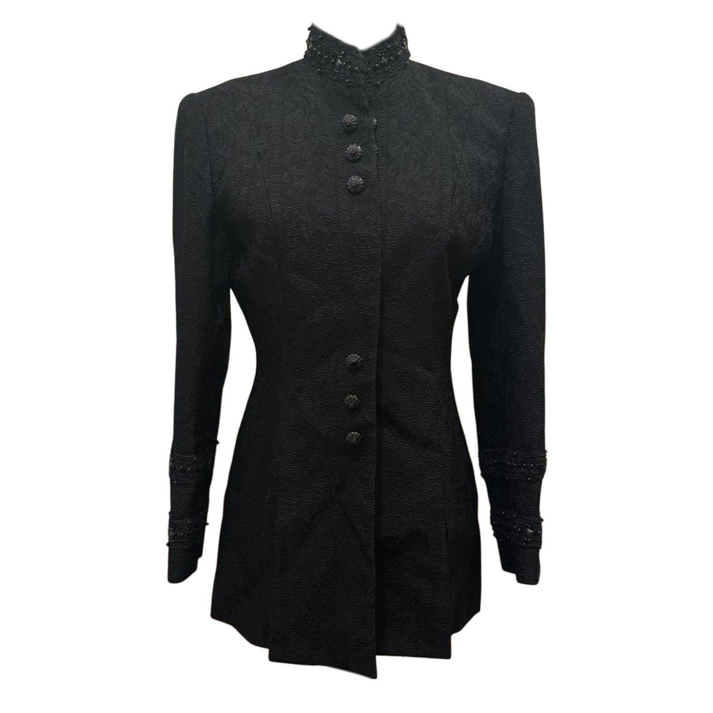 Jean Louis Scherrer Black Tailored Blazer w Lace Pattern & Beaded Mock Neck Detail