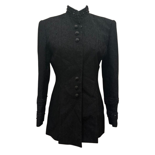 Jean Louis Scherrer Black Tailored Blazer w Lace Pattern & Beaded Mock Neck Detail