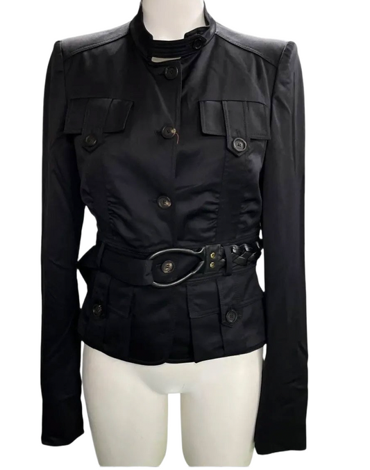 Gucci Military Pocket Shoulder Pad Jacket w Horse Loop Leather woven Belt