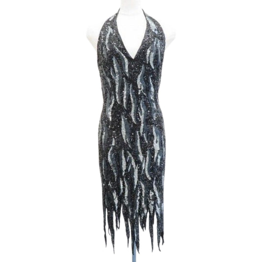 Jean Louis Scherrer Flame Beaded Halterneck Fringe Evening Dress