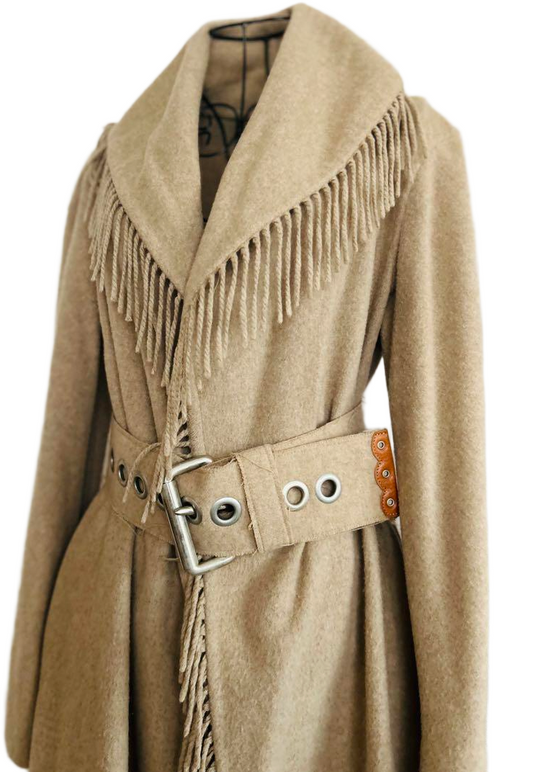 ERMMANO SCERVINO 100% cashmere beige fringe coat w matching belt