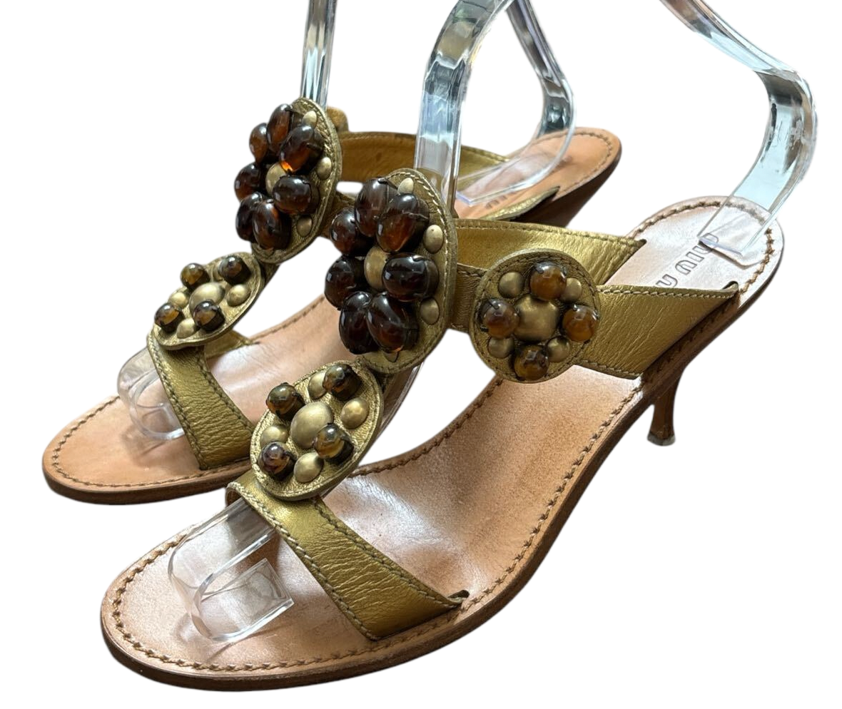 Miu MIU Mule Sandals Gold Brown Beaded Medallion 37