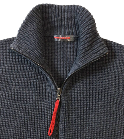 Prada Wool Knit Vest Full Zip Belted Sweater Jacket Gray