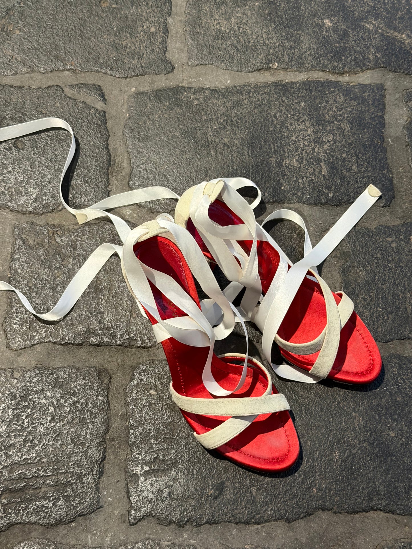 Dolce & Gabbana White Velvet Lace Up Ribbon Sandal Heels