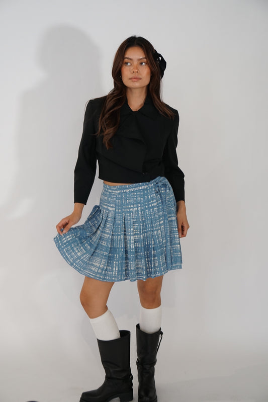 Prada Checkered Square Blue White Pleated Wrap Skirt