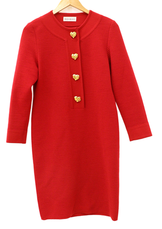 Yves Saint Laurent Knit Red Ribbed Dress w Heart Buttons
