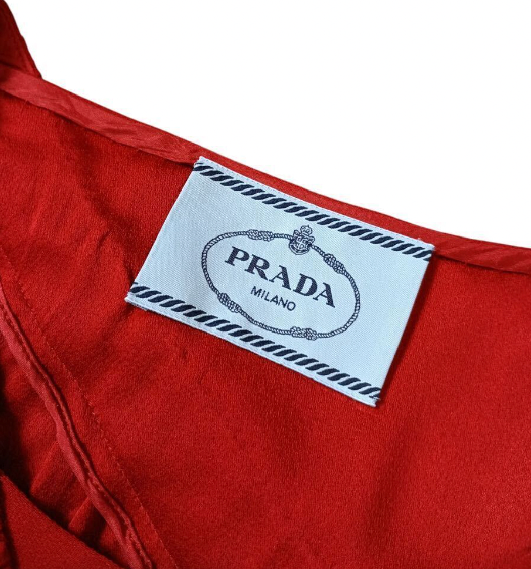 Prada Red layered pleat sless shift Dress w Bow