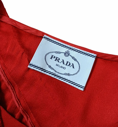 Prada Red layered pleat sless shift Dress w Bow