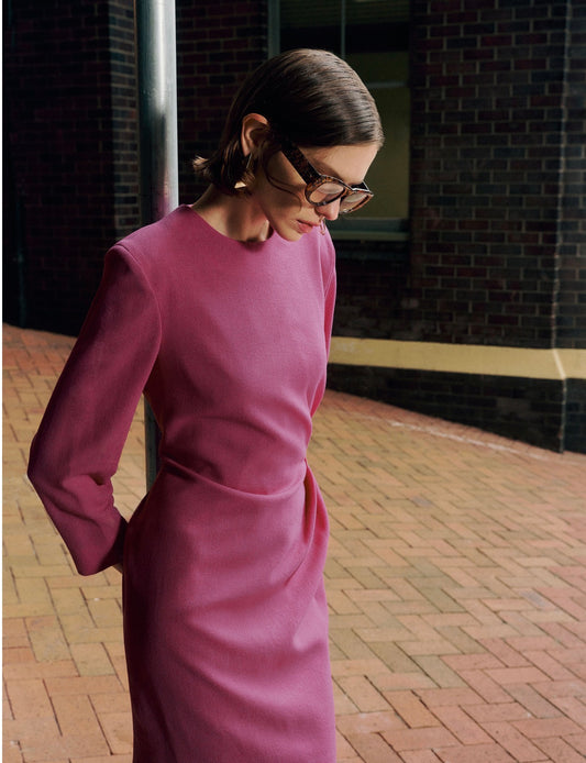 Celine 3/4 Sleeve Fuschia Pink LS Shift Dress w Gold Metal Buckle