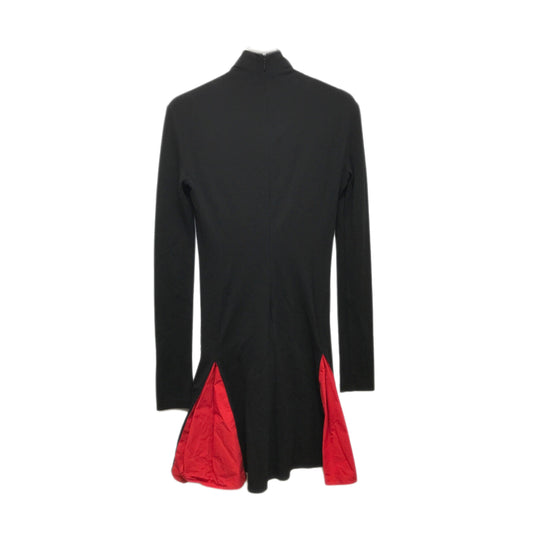 Salvatore Ferragamo Red Black LS Mock Neck Mini Dress w Pleat Bubble Skirt