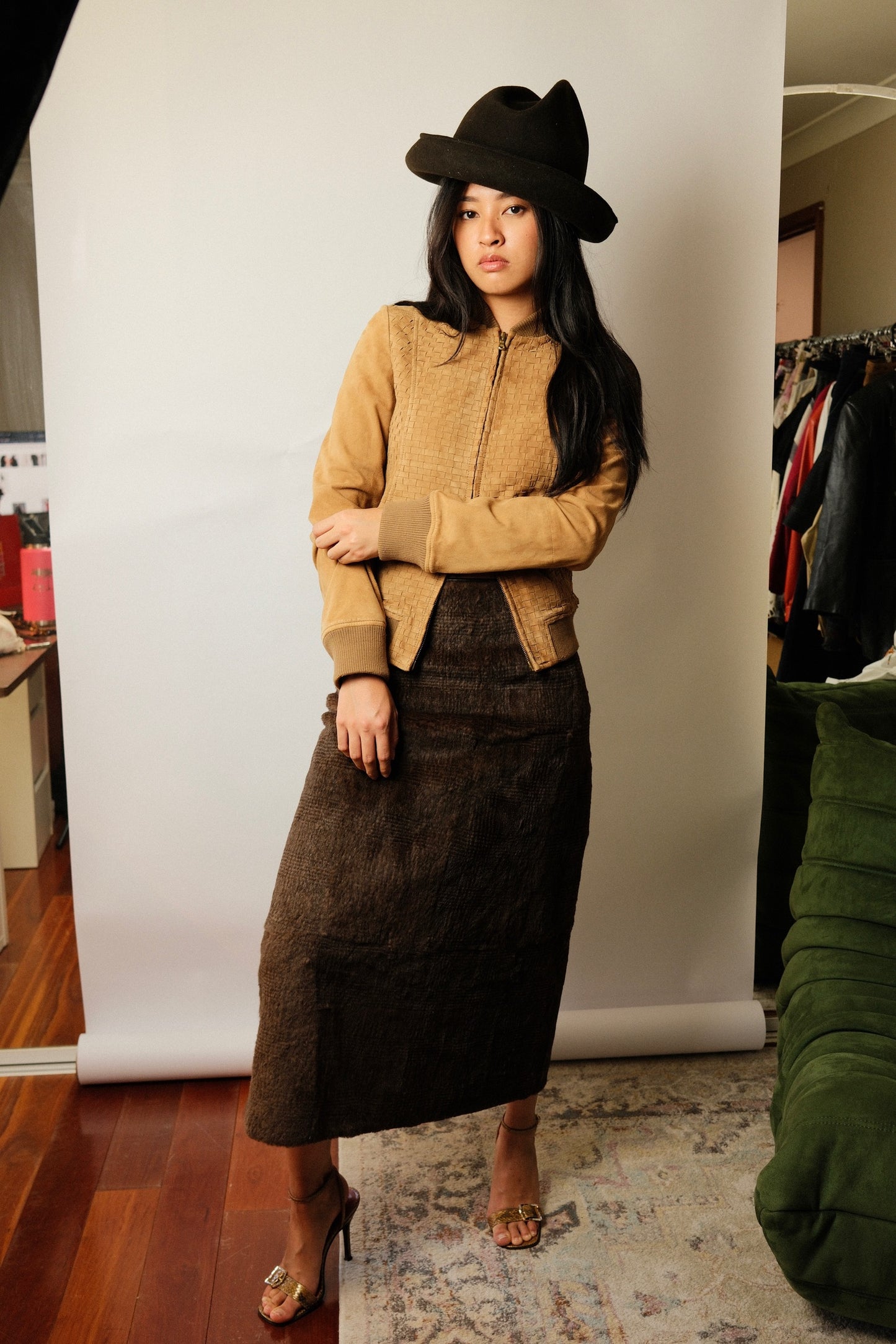 Nina Ricci Rabbit Fur A Line Midi Tartan Skirt Sz 40