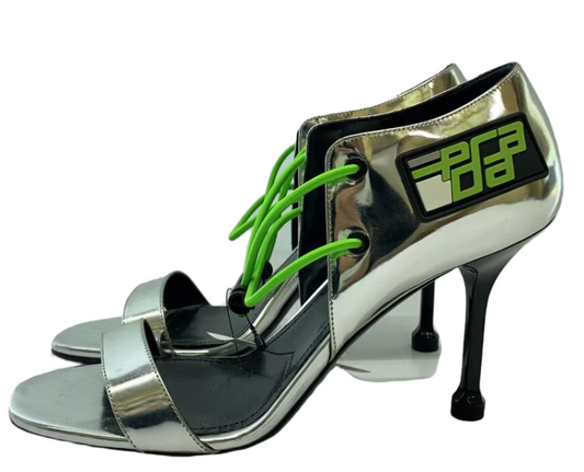 Prada Silver Logo Neon Green Heels 37.5