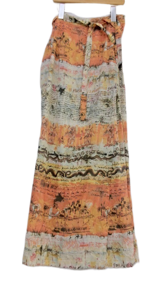 Jean Paul Gaultier wrap graffiti tribal print script maxi skirt