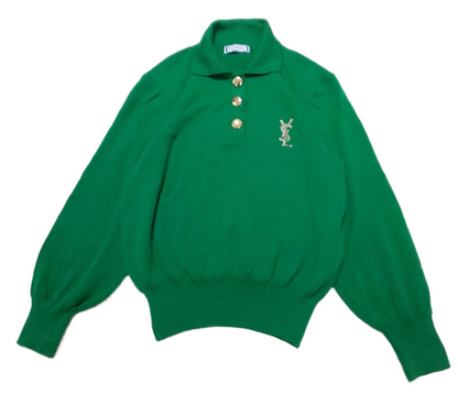 Yves saint laurent LS green polo gold 1/4 button down rhinestone logo knit