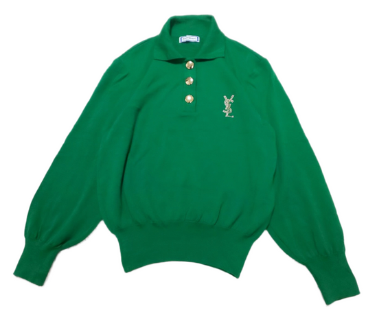 Yves saint laurent LS green polo gold 1/4 button down rhinestone logo knit