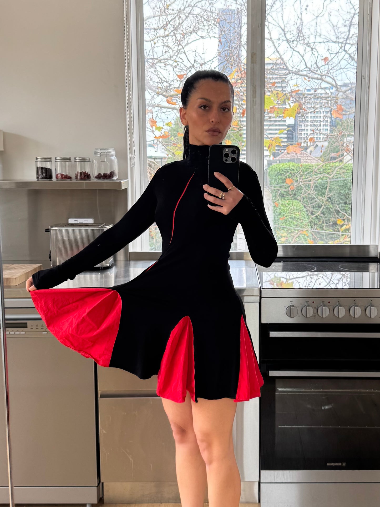 Salvatore Ferragamo Red Black LS Mock Neck Mini Dress w Pleat Bubble Skirt