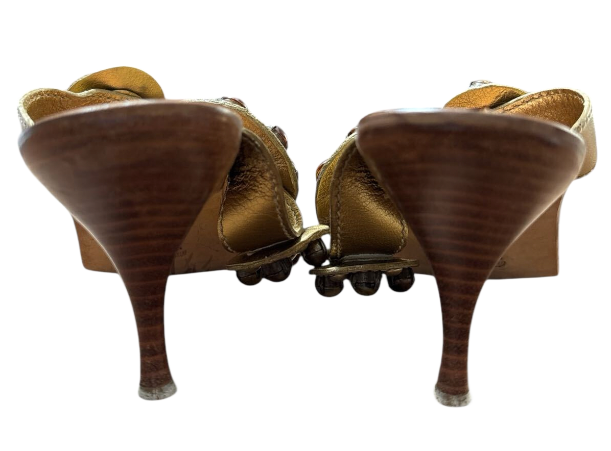 Miu MIU Mule Sandals Gold Brown Beaded Medallion 37