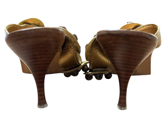 Miu MIU Mule Sandals Gold Brown Beaded Medallion 37
