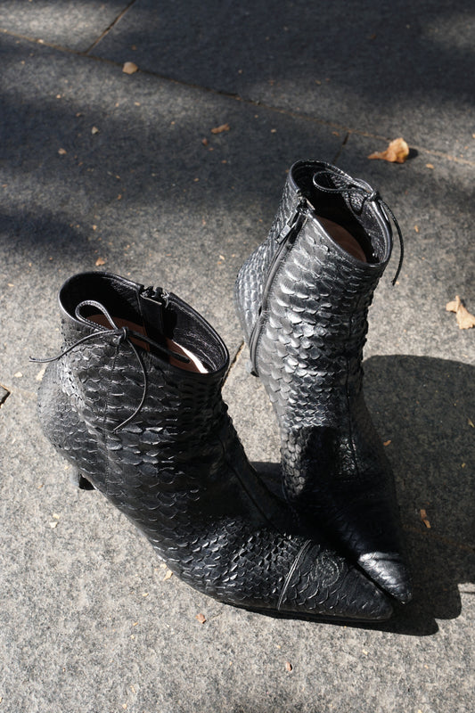 Chanel 37.5 Leather Snake Skin Ankle Kitten Heel Booties w logo cap toe