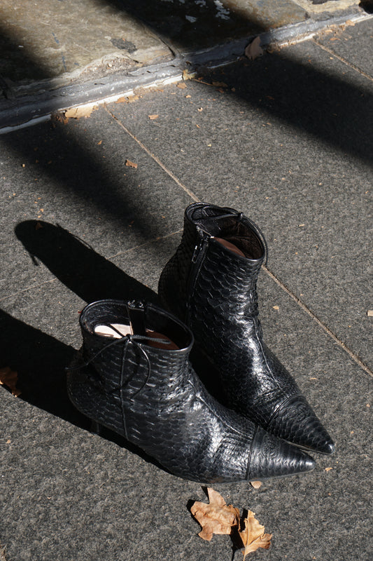 Chanel 37.5 Leather Snake Skin Ankle Kitten Heel Booties w logo cap toe