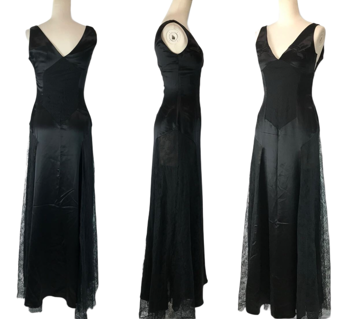 GIVENCHY Silk Sless Long Dress 38 Black Lace Satin 100% Silk
