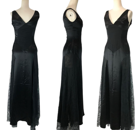 GIVENCHY Silk Sless Long Dress 38 Black Lace Satin 100% Silk