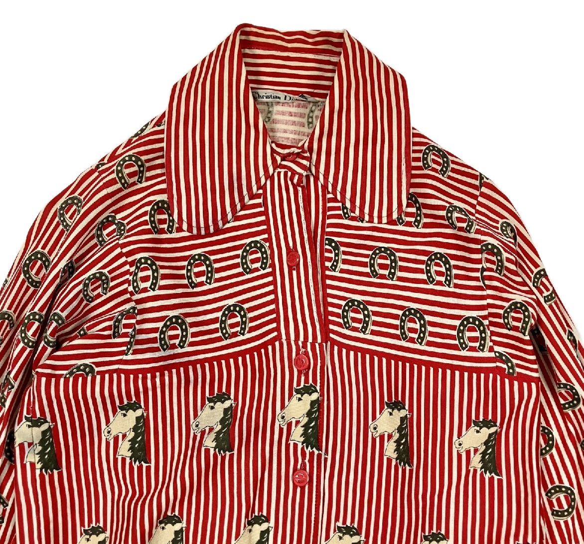 Christian Dior Long Sleeve Shirt Tops Pattern Horseshoe Red blouse