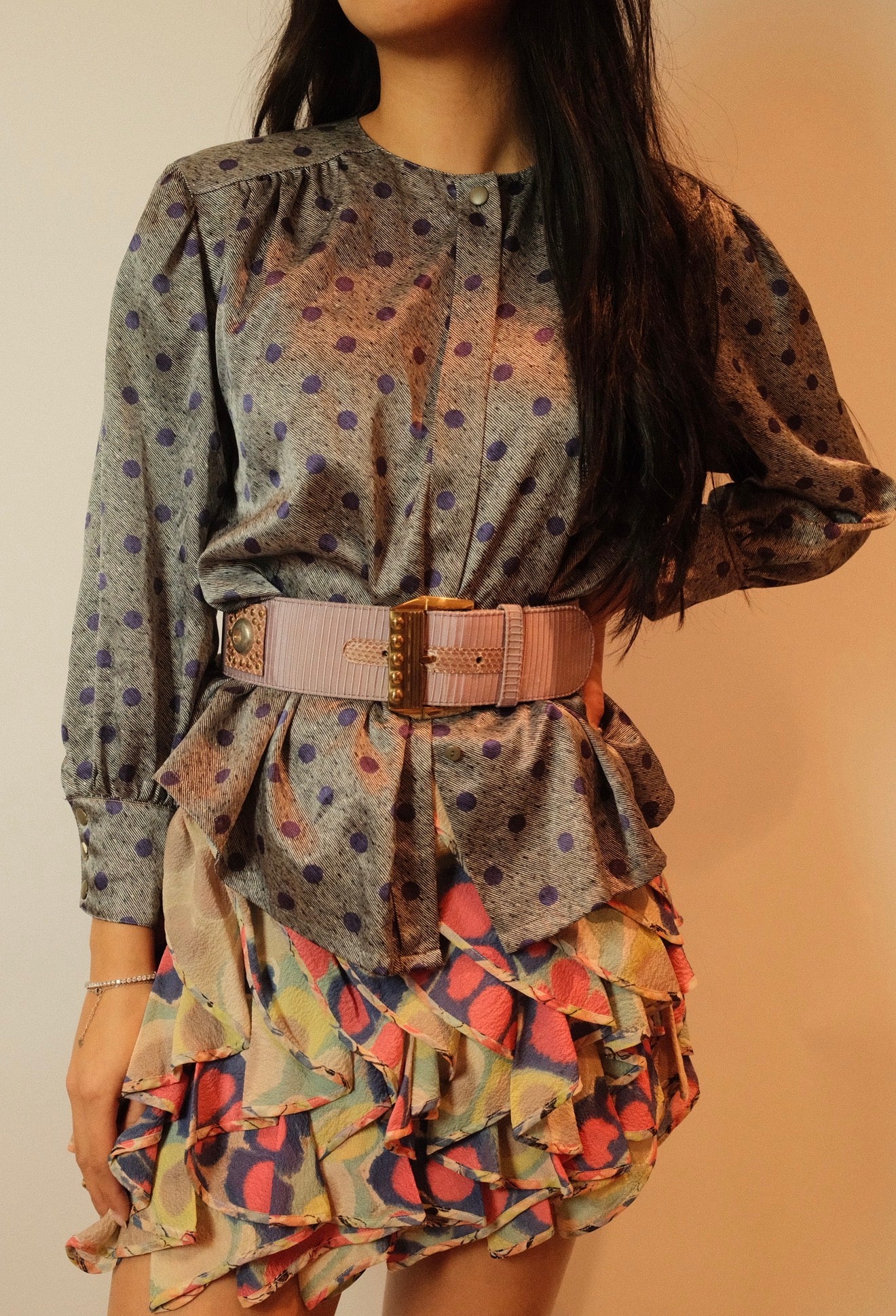 Christian Dior Polka Dot Pleated Shoulder Balloon LS Button Down Blouse