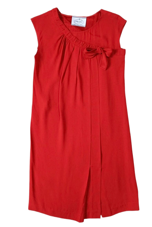 Prada Red layered pleat sless shift Dress w Bow