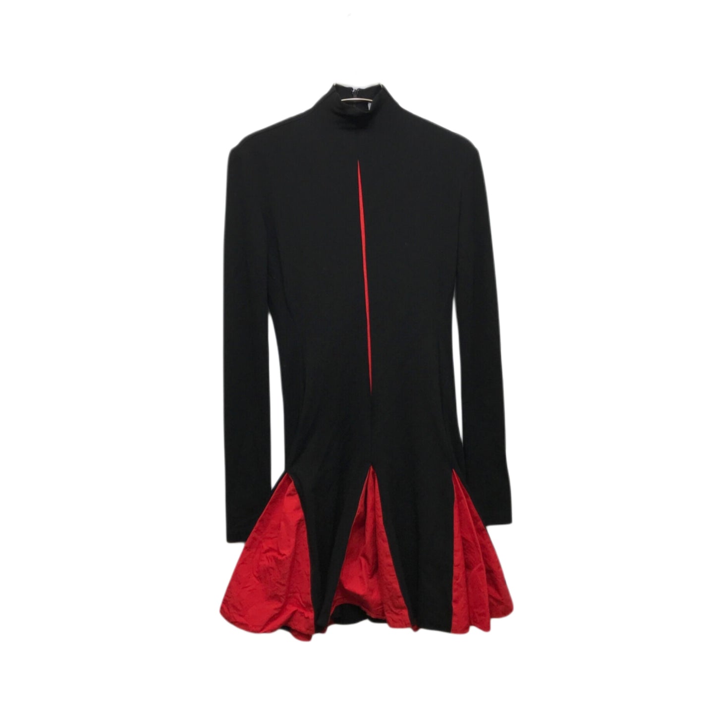 Salvatore Ferragamo Red Black LS Mock Neck Mini Dress w Pleat Bubble Skirt
