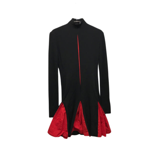 Salvatore Ferragamo Red Black LS Mock Neck Mini Dress w Pleat Bubble Skirt