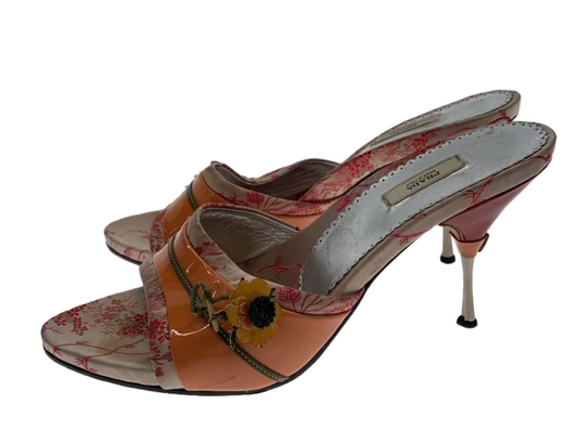 Prada Jacquard Floral Patent w Floral Applique Metal Heel sz 38