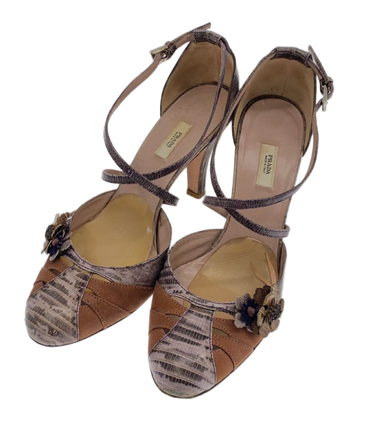 Prada sz 37 Snake skin round toe floral appliqué strap heels