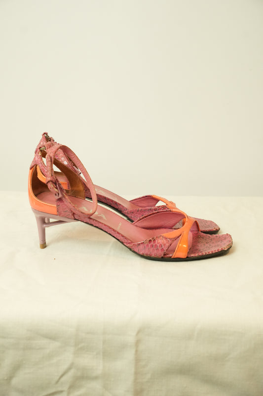 Prada Snakeskin Print Open Toe Ankle Strap Sandals Sz 7.5