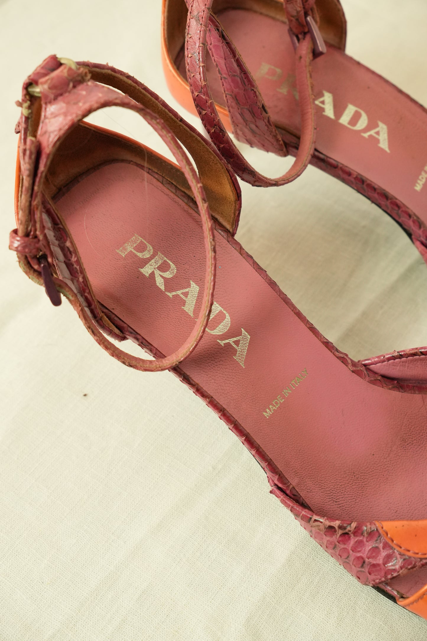 Prada Snakeskin Print Open Toe Ankle Strap Sandals Sz 7.5