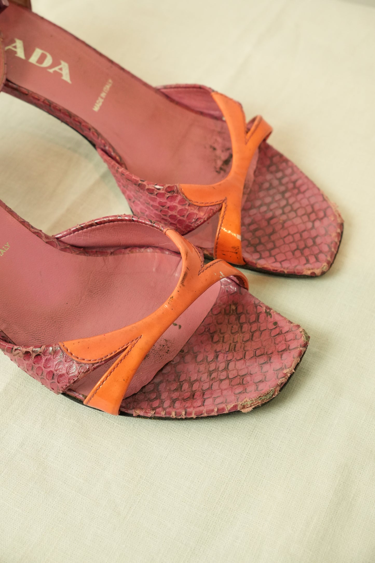 Prada Snakeskin Print Open Toe Ankle Strap Sandals Sz 7.5