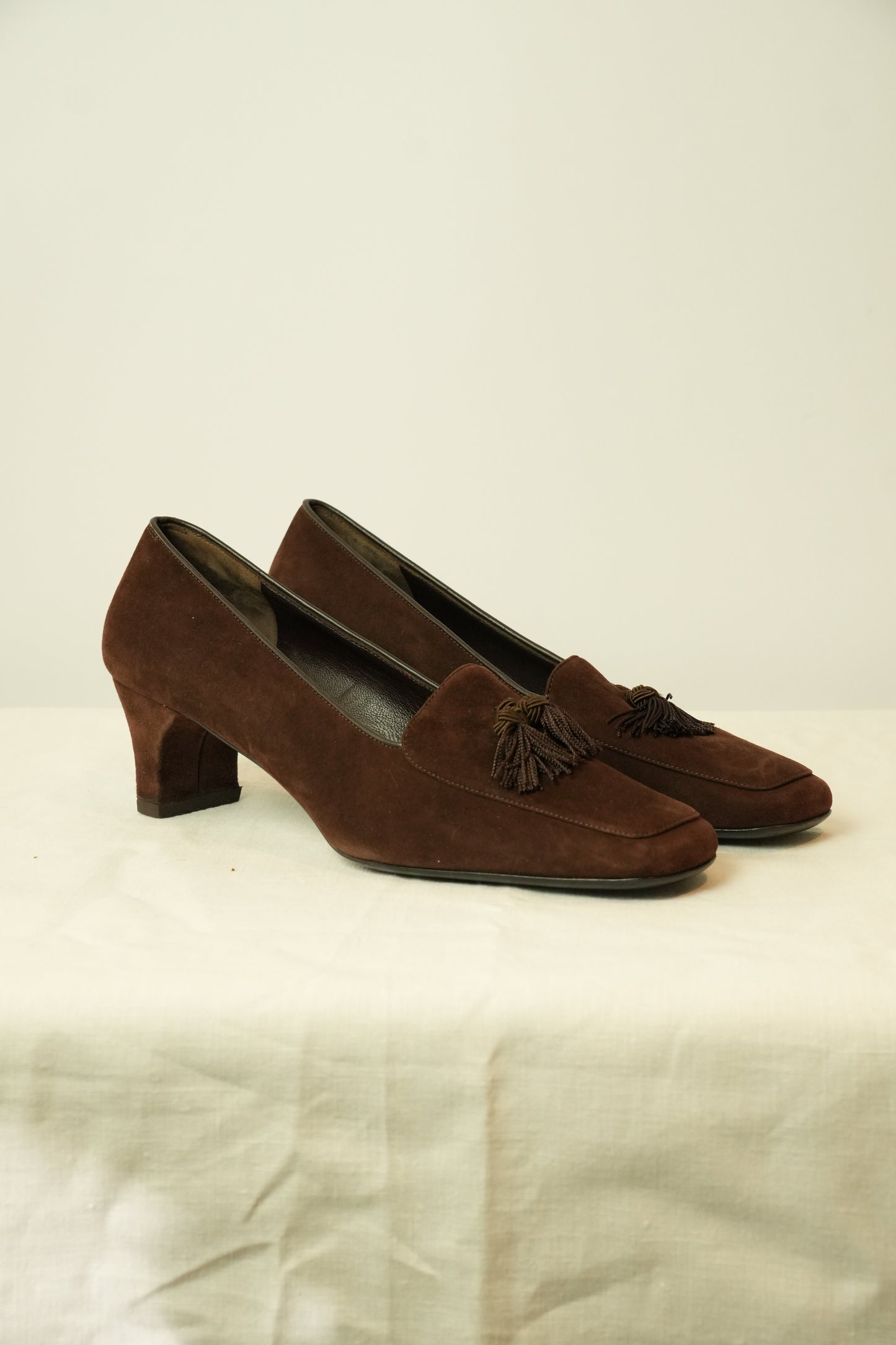 Salvatore Ferragamo Suede Tassel Heel Loafers