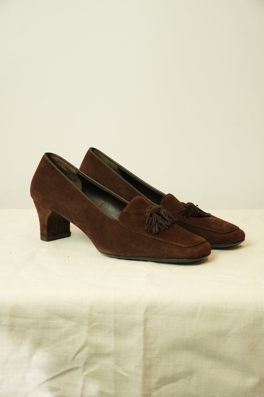Salvatore Ferragamo Suede Tassel Heel Loafers