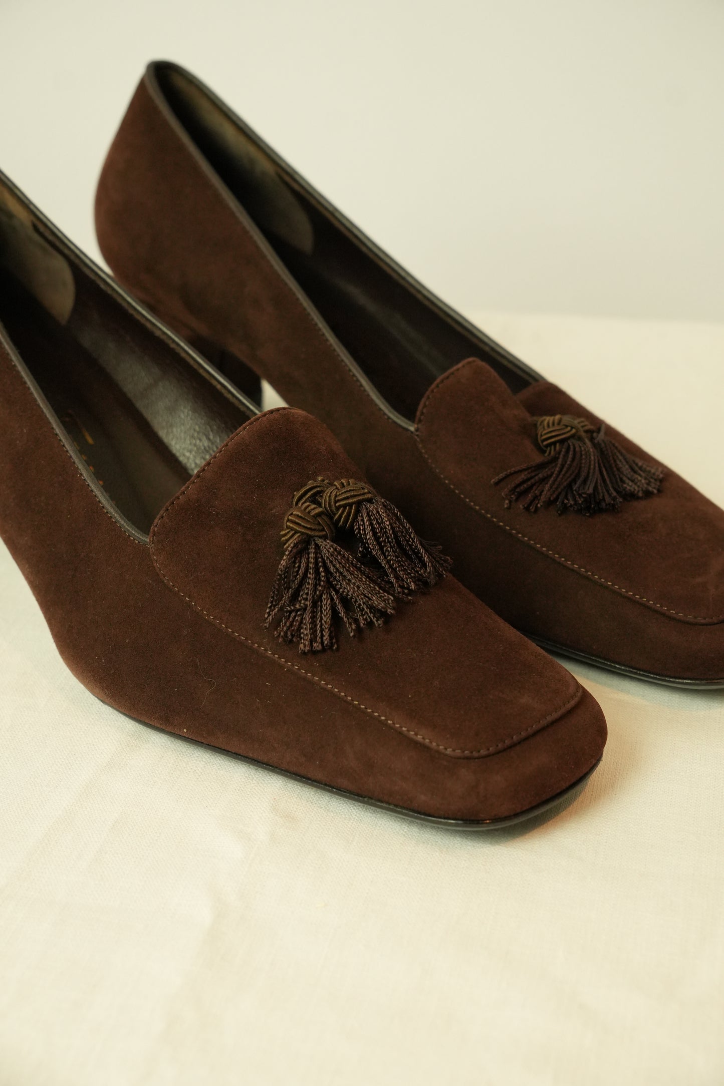 Salvatore Ferragamo Suede Tassel Heel Loafers