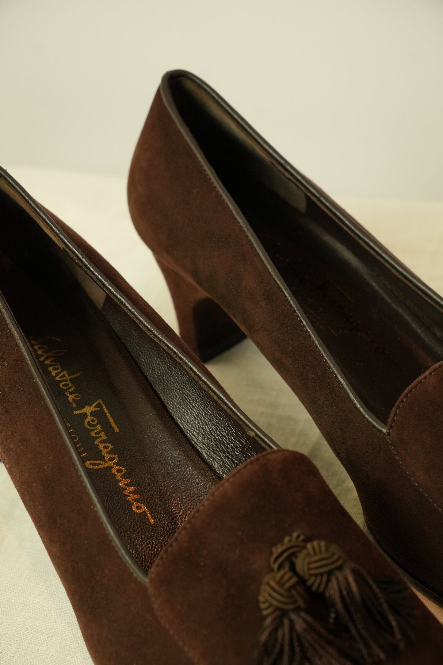 Salvatore Ferragamo Suede Tassel Heel Loafers