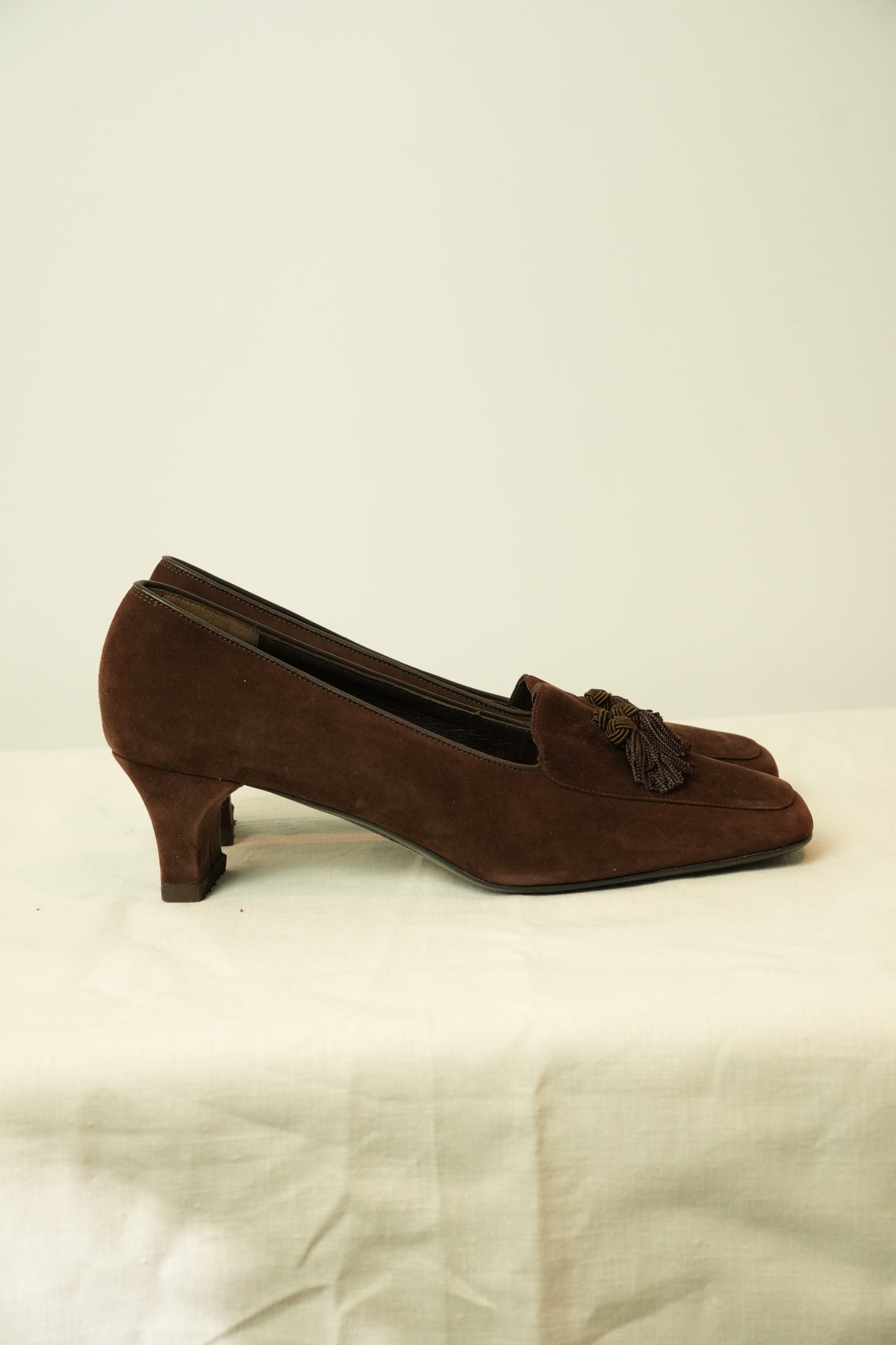 Salvatore Ferragamo Suede Tassel Heel Loafers