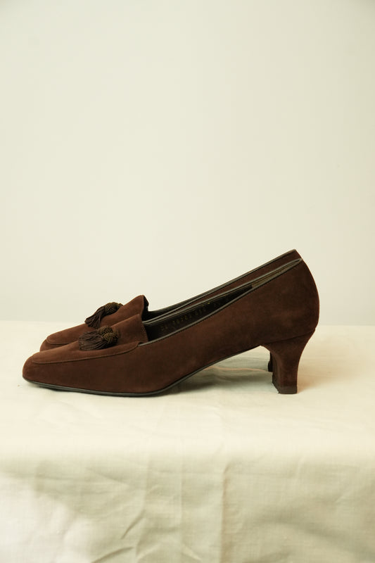 Salvatore Ferragamo Suede Tassel Heel Loafers